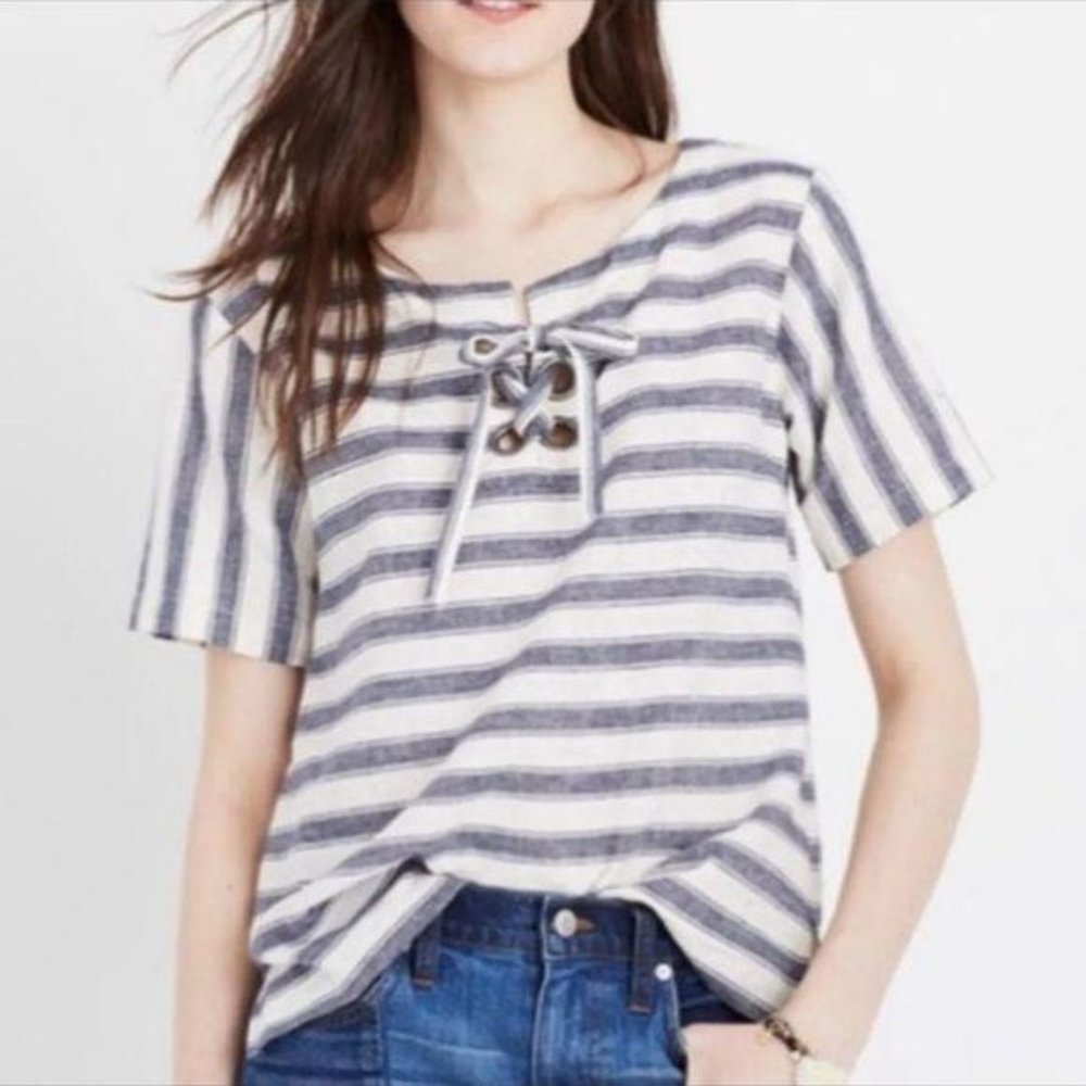 Madewell Striped Lace Up Top Blue White Size XXS